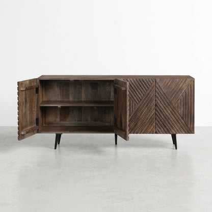 Wooden sideboard with geometric pattern and open doors.