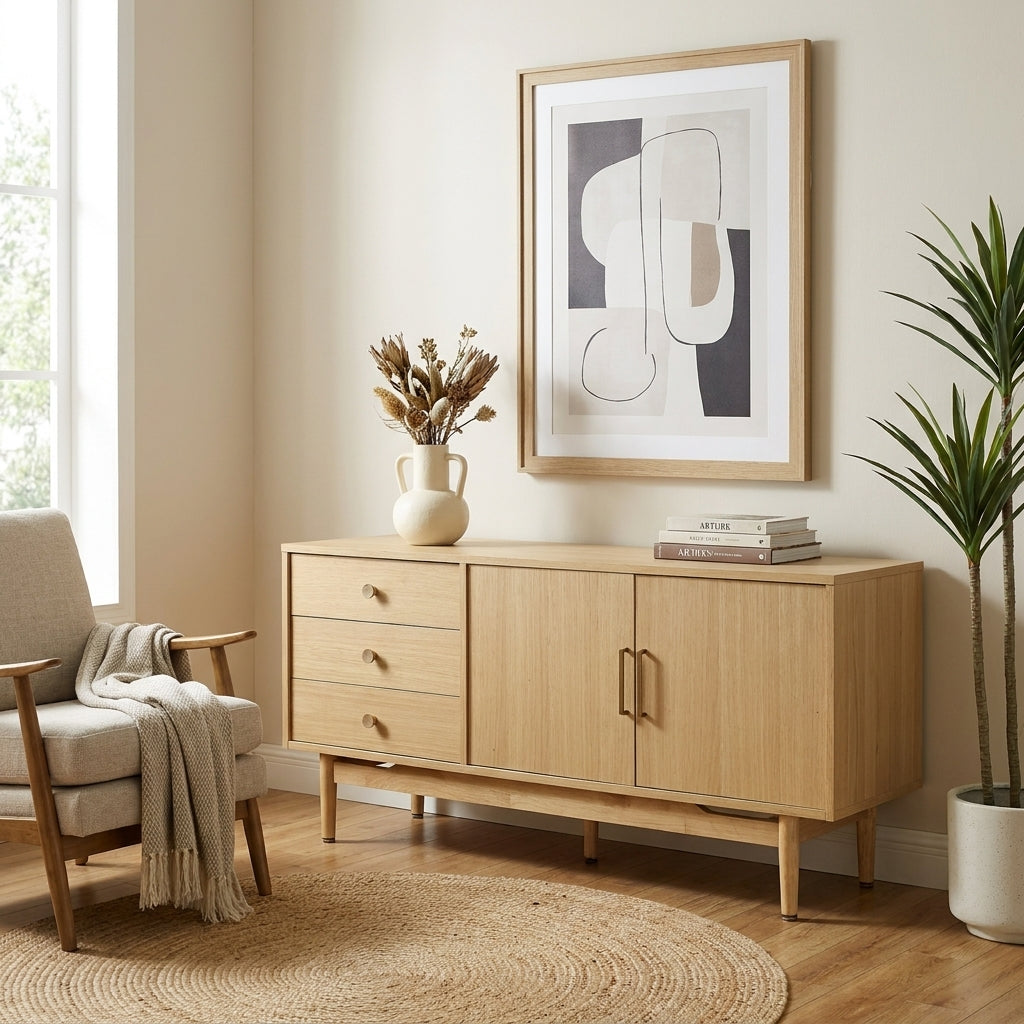 Wooden sideboard with three drawers and two cabinet doors.