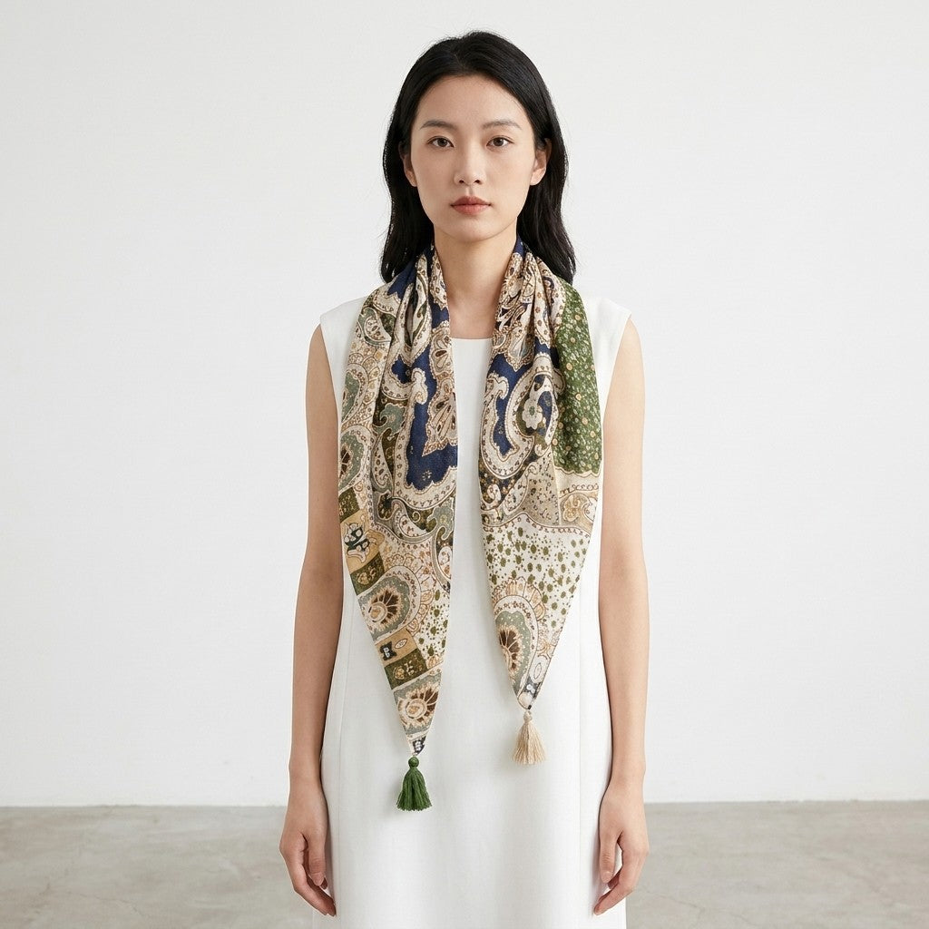 Woman in white dress wearing a patterned scarf.