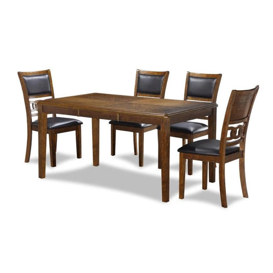 Wood dining set with four chairs and black cushioned seats.
