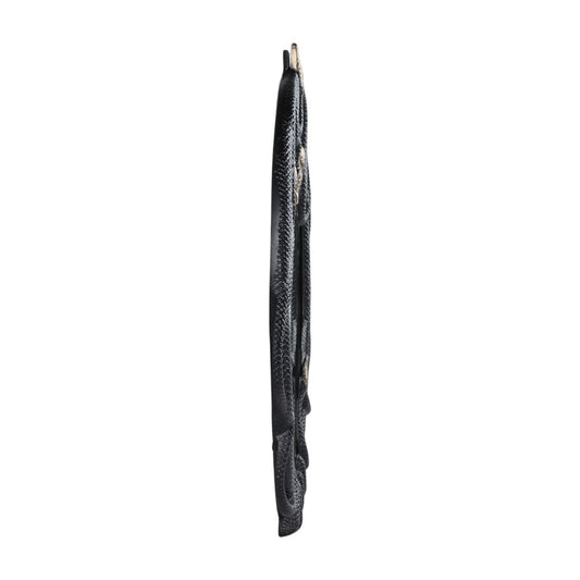 Thin, elongated black object with a textured surface on a white background.