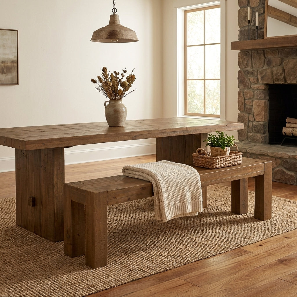 Rustic dining room with wood table, bench, and stone fireplace. Cozy and inviting.
