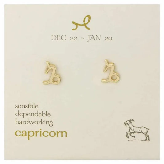 Capricorn earrings with dates and traits on a display card.