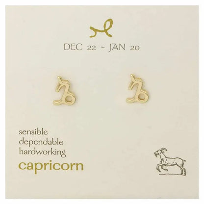 Capricorn earrings with dates and traits on a display card.