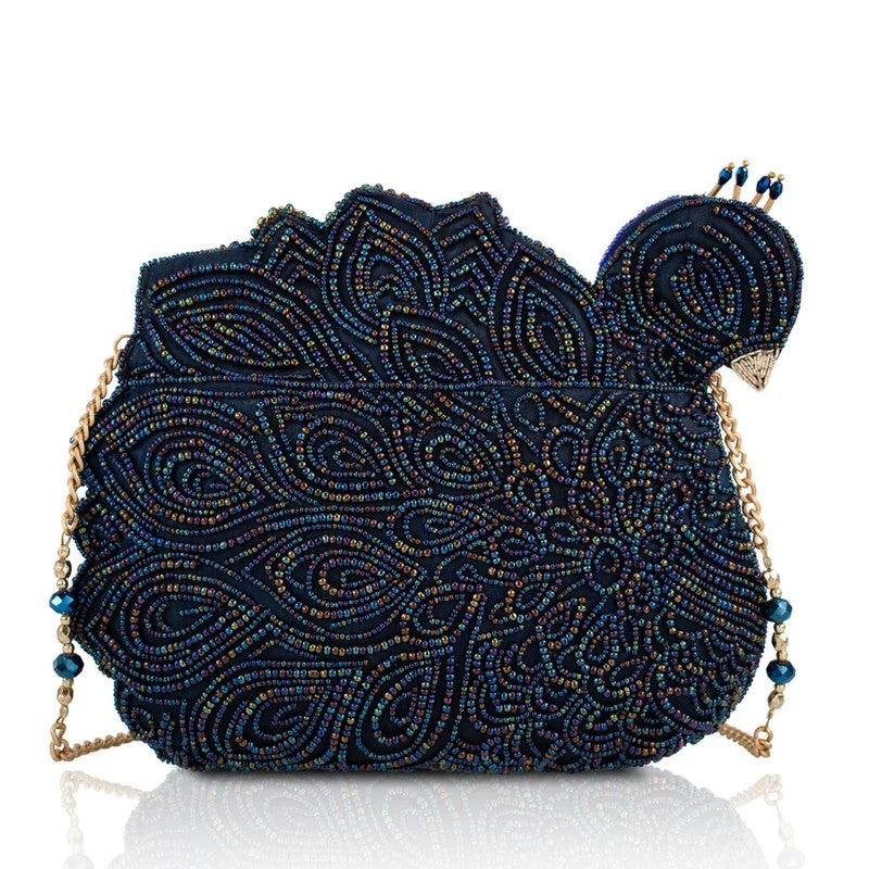 Beaded peacock clutch with intricate patterns and a gold chain strap.