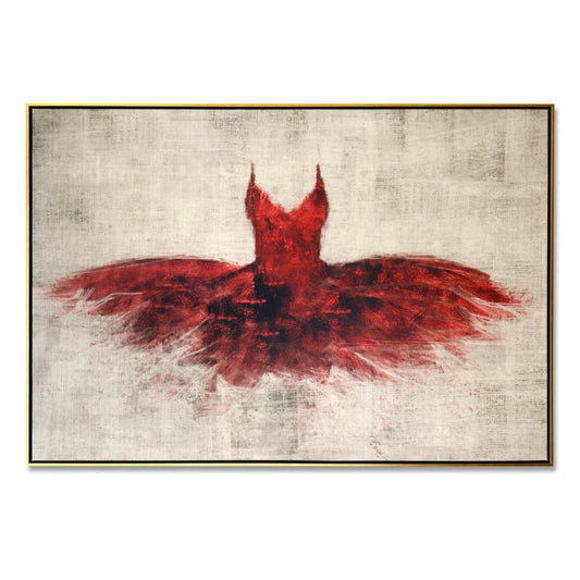 Abstract red figure resembling a dress on a textured canvas.