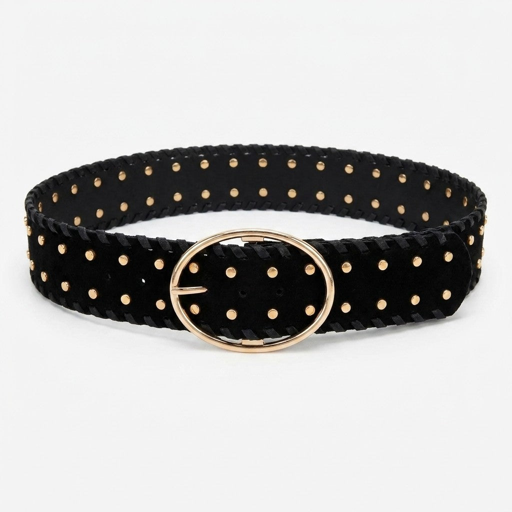 Black belt with gold studs and oval buckle.