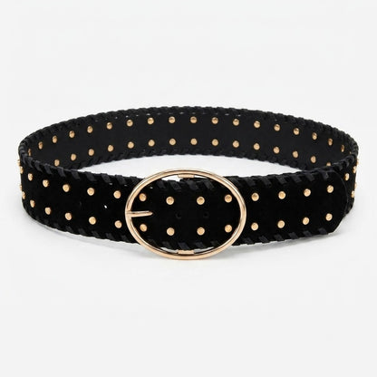Black belt with gold studs and oval buckle.