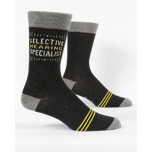 Gray and black socks with "Selective Hearing Specialist" text.