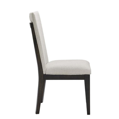 Side view of a chair with black frame and white cushioned seat and backrest.