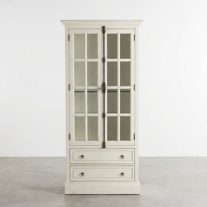 White cabinet with glass doors, shelves, and drawers.