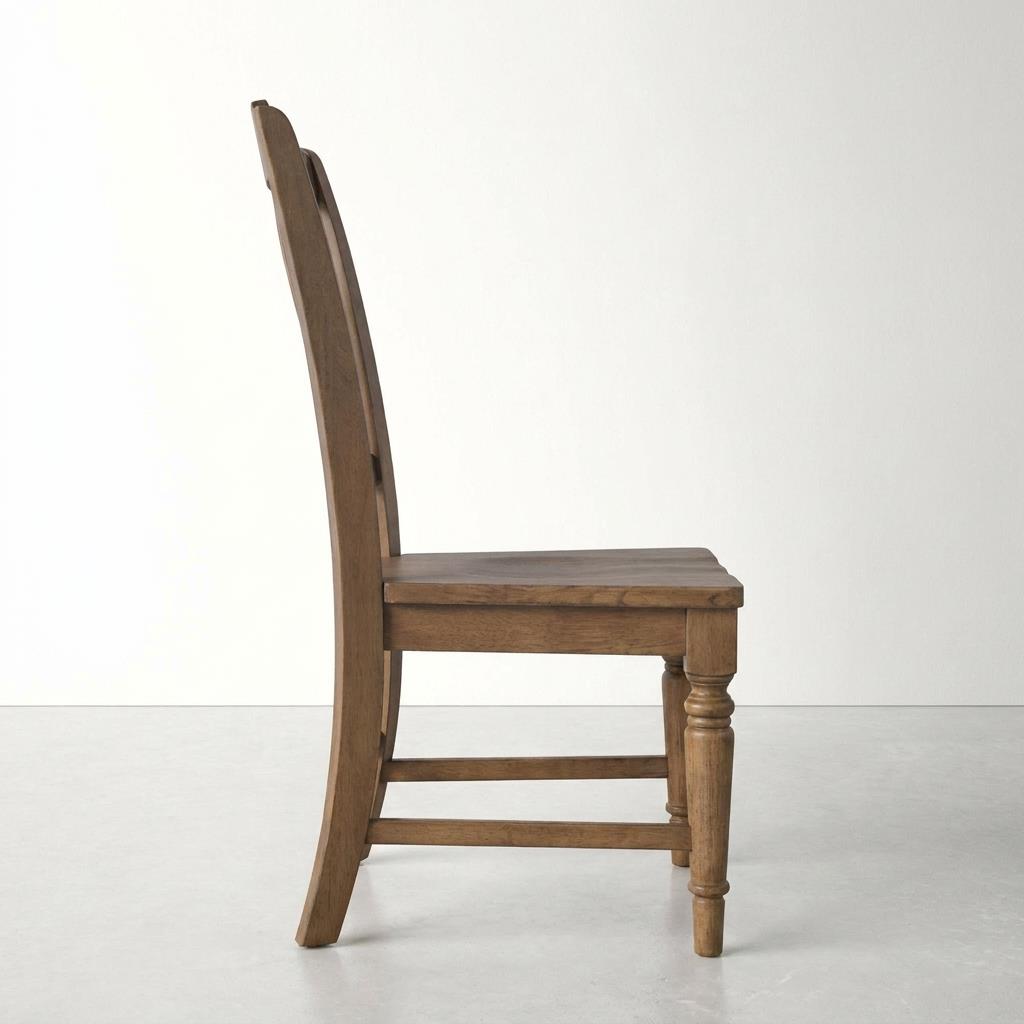 Wooden chair side profile on a plain background.