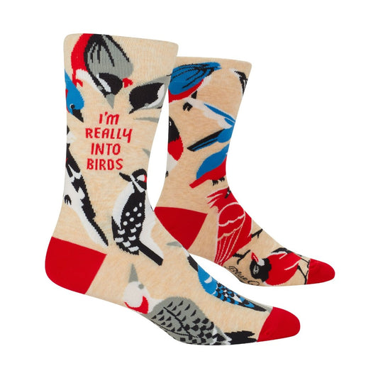 Colorful socks with birds and "I'm really into birds" text.