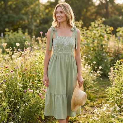 Woman in a green dress in a blooming garden, holding a straw hat.