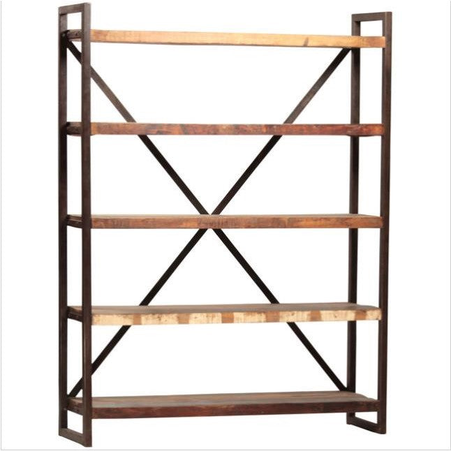 Industrial-style wooden bookshelf with metal frame and cross supports.