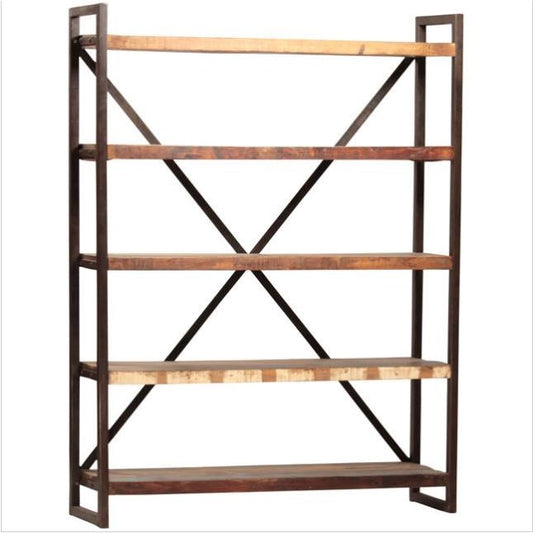 Industrial-style wooden bookshelf with metal frame and cross supports.