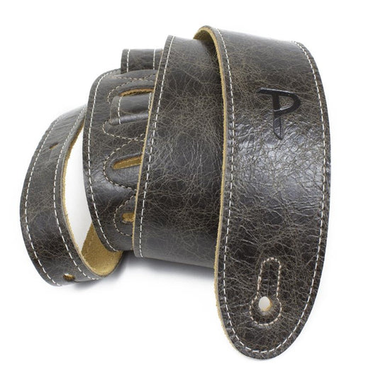 Brown leather guitar strap with stitched edges and a logo.