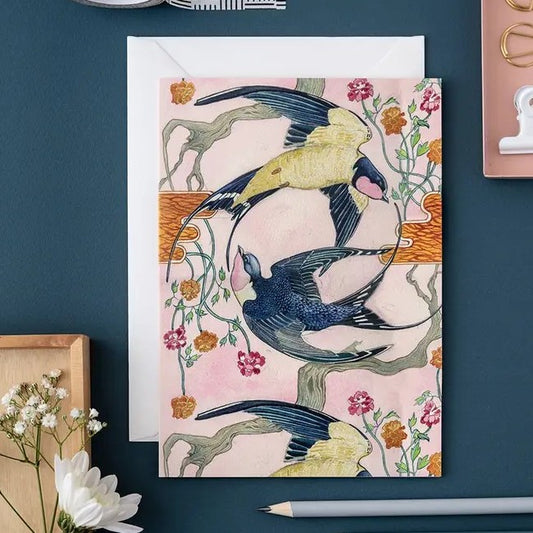 Card with colorful birds among flowers on a dark background.