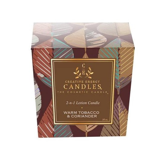 Lotion candle box with leaf pattern, labeled "Warm Tobacco & Coriander."