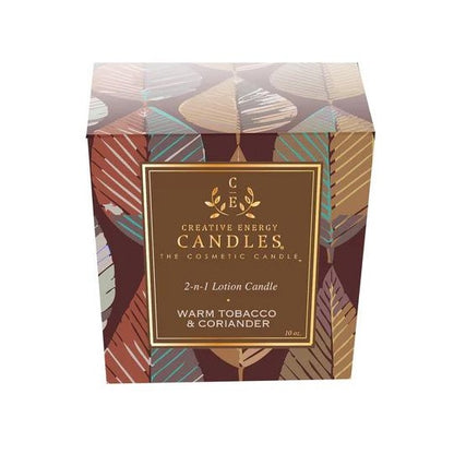 Lotion candle box with leaf pattern, labeled "Warm Tobacco & Coriander."