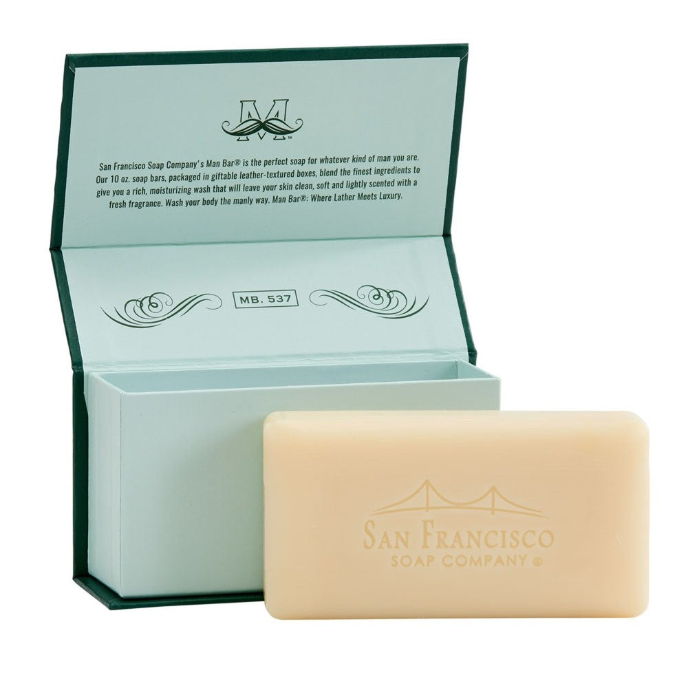 Beige soap bar with text, open box nearby.
