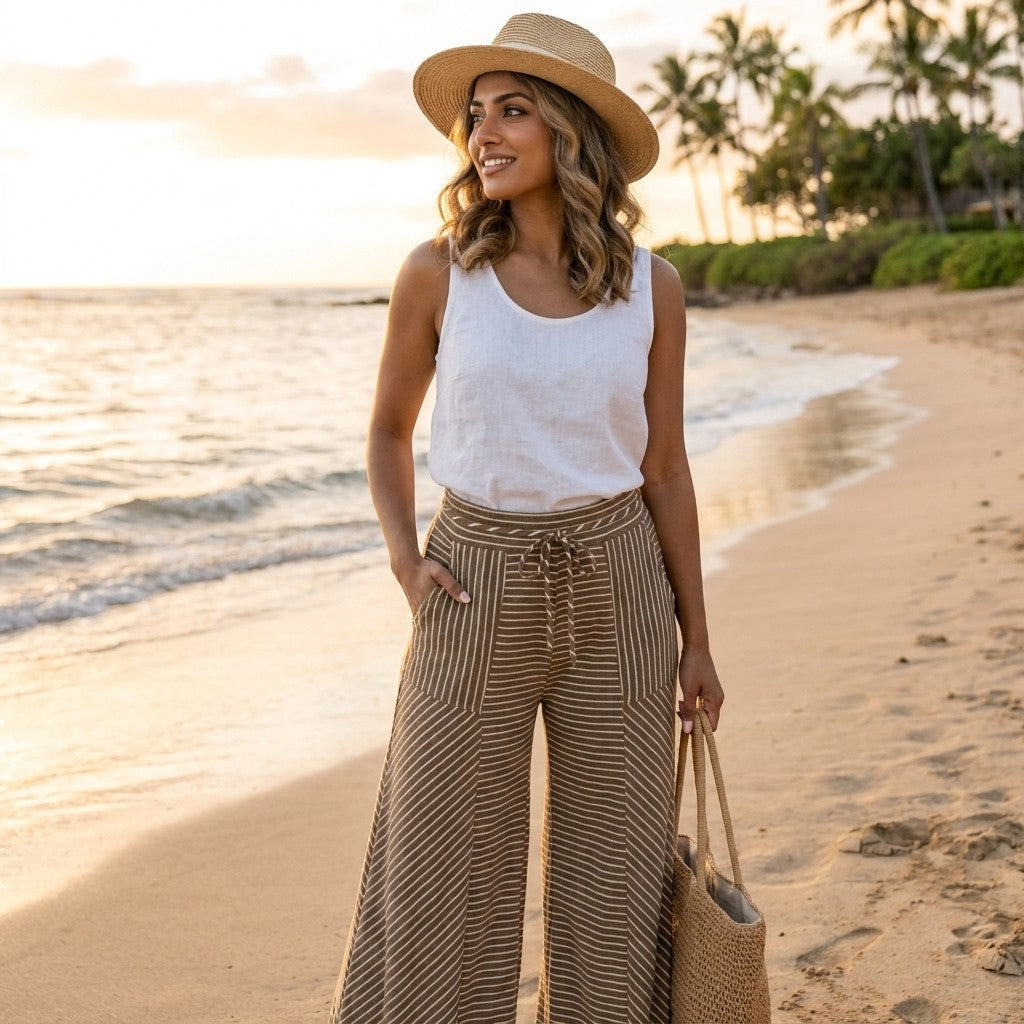 Woman on a beach at sunset, wearing a hat and holding a bag.