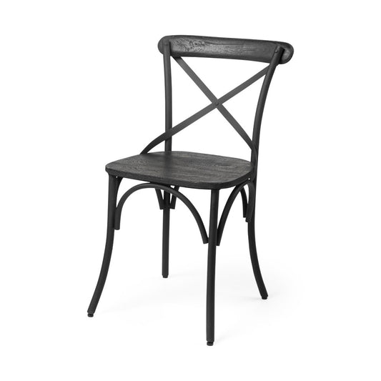 Black wooden chair with curved legs and X-back design.