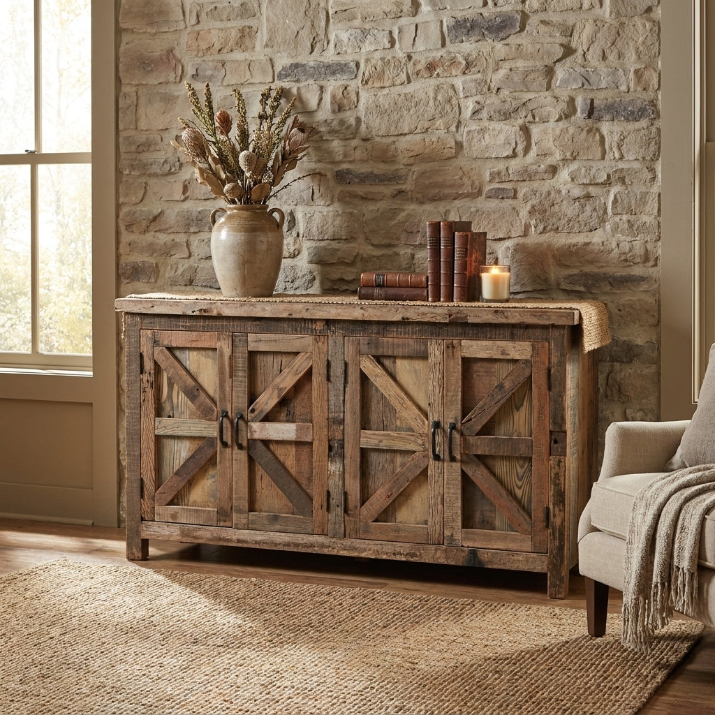Rustic room with stone wall, wooden sideboard, vase, books, and a candle.