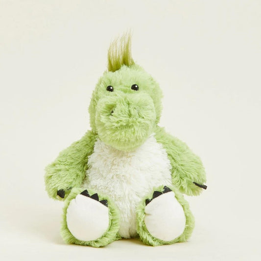 Green plush dinosaur toy with white belly and spiky hair.