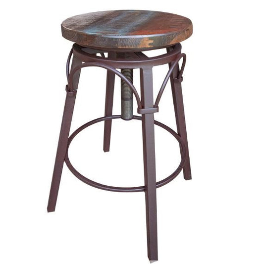 Industrial-style stool with a wooden seat and metal legs.