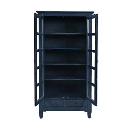 Tall, narrow, dark blue cabinet with a simple design and four legs.