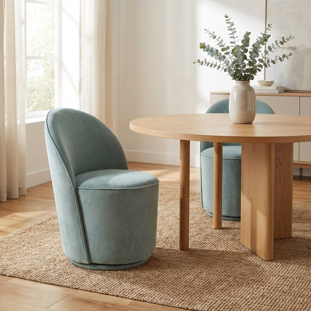 Green upholstered chair with a curved backrest on a light background.