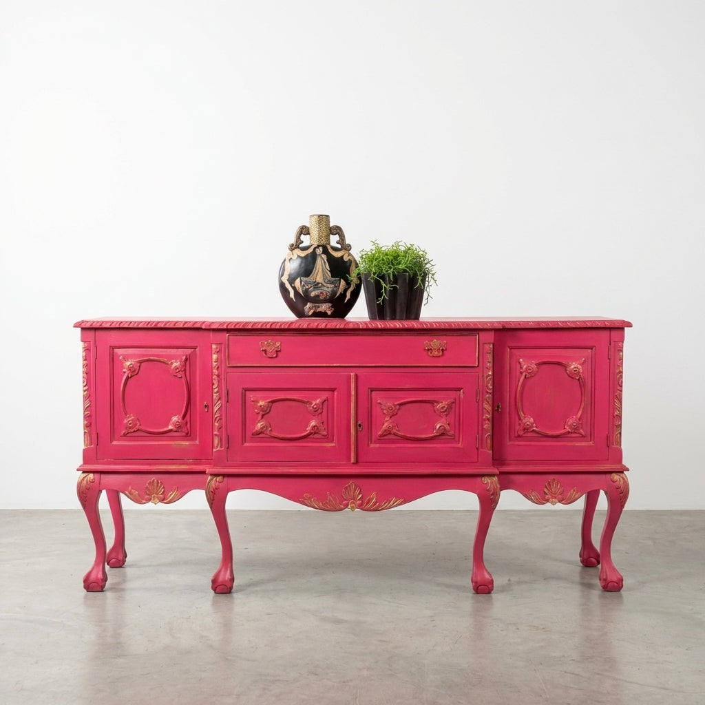 Pink vintage sideboard with ornate details, vase, and potted plant.