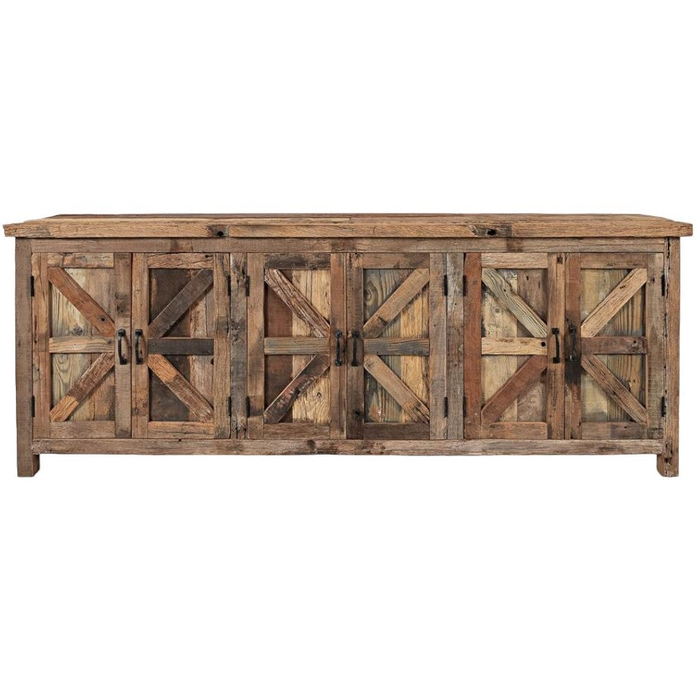 Rustic wooden sideboard with barn-style doors and metal handles.