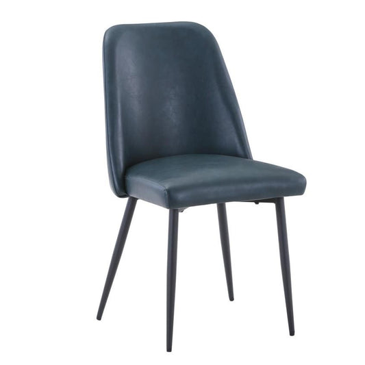 Modern chair with curved backrest and slim, black metal legs.