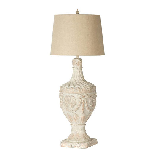 Elegant rustic table lamp with ornate base and beige shade.