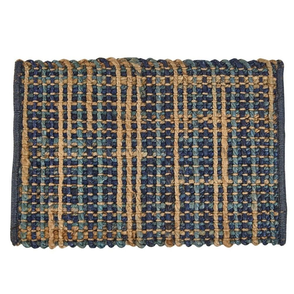 Woven doormat with blue and tan checkered pattern.