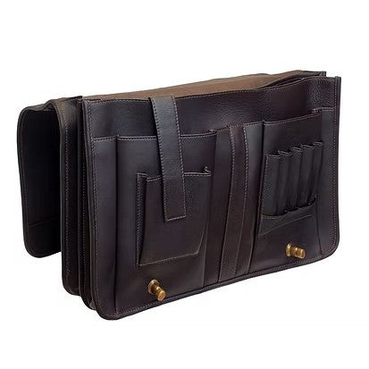 Brown leather saddlebag with multiple pockets and brass accents.