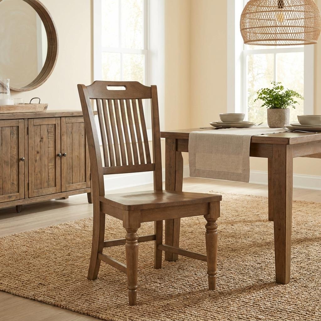 Rustic dining area with wooden chair and table.