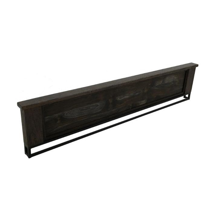 Dark brown wooden wall shelf with black metal support.