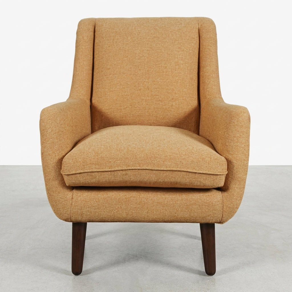 Beige mid-century modern armchair with wooden legs.