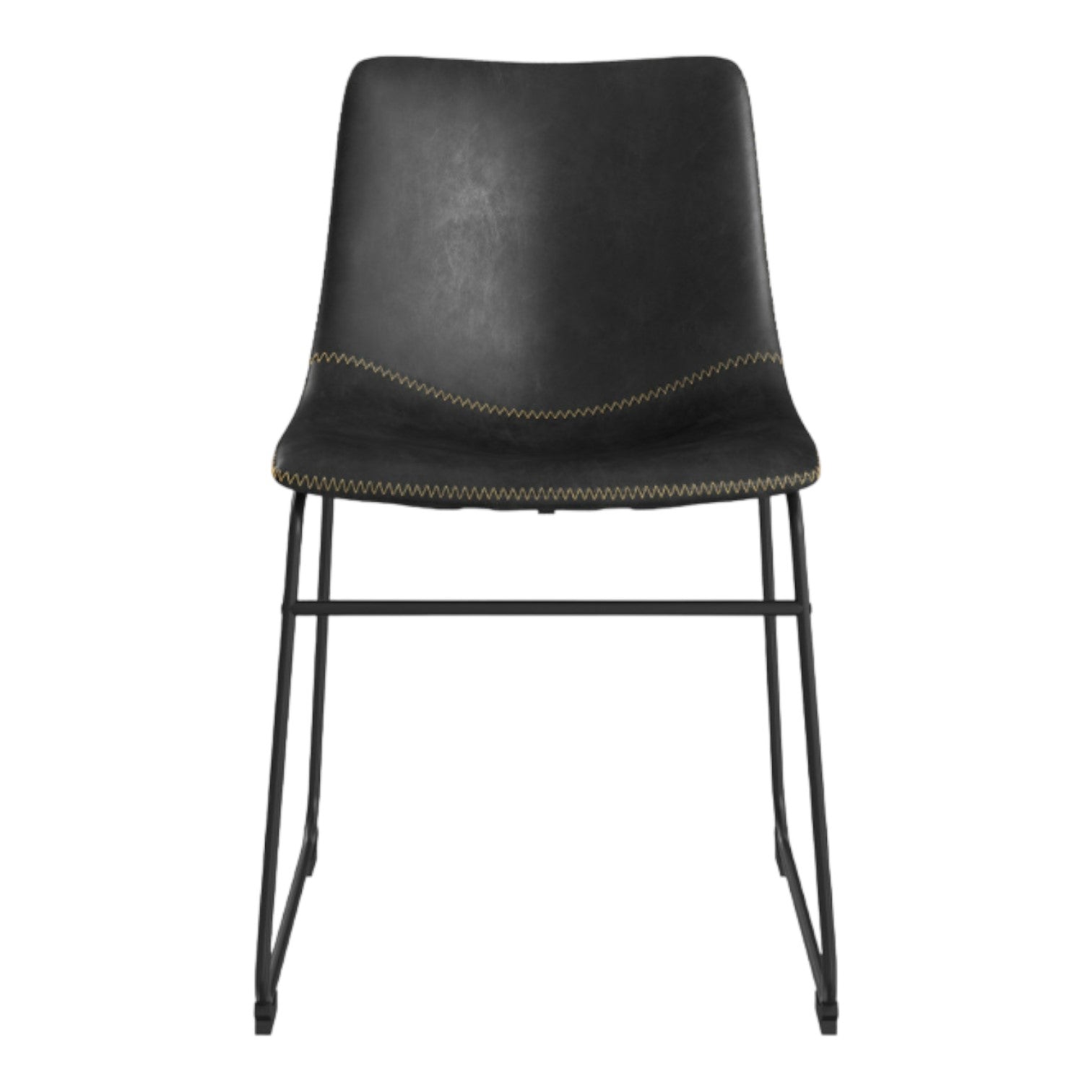 Black leather chair with metal legs and decorative stitching.