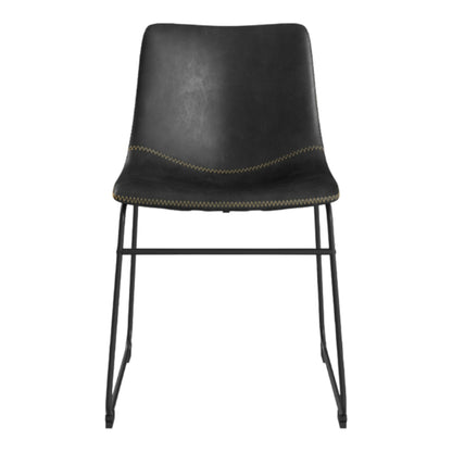 Black leather chair with metal legs and decorative stitching.