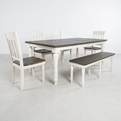 Wooden dining set with white chairs and a bench.