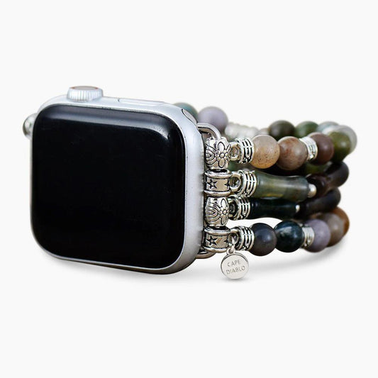 Smartwatch with colorful beaded straps and silver accents.