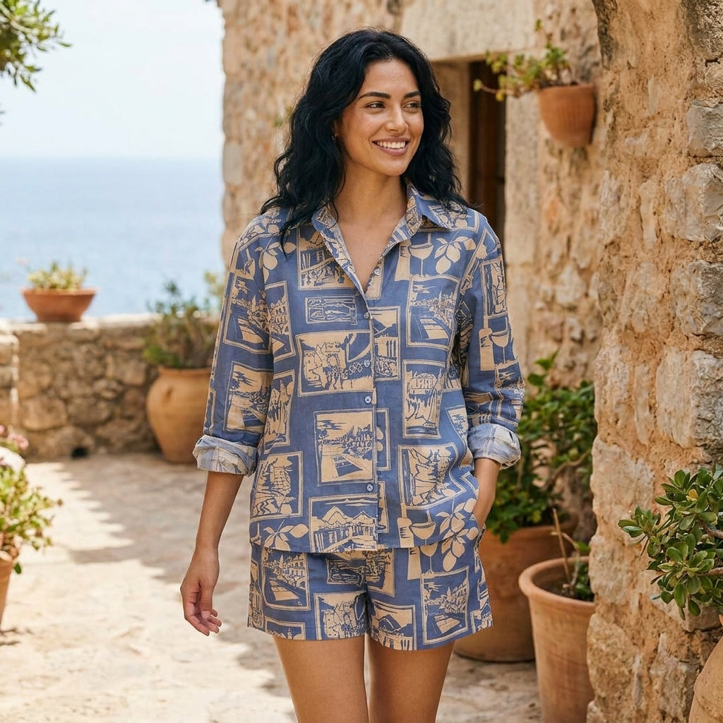 Woman in a patterned outfit strolling by a stone wall with ocean view.