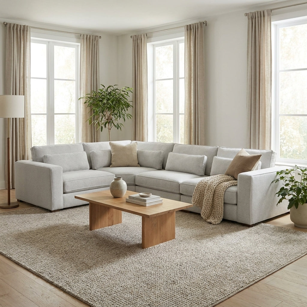 Light gray L-shaped sectional sofa with cushions.