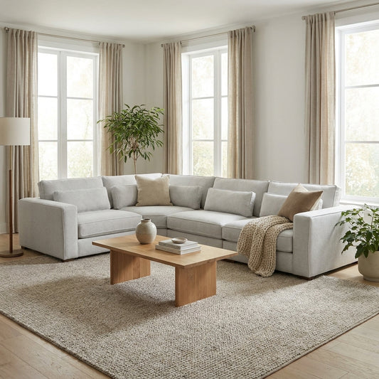 Light gray L-shaped sectional sofa with cushions.
