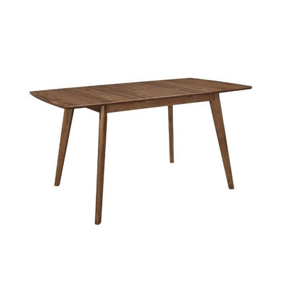 Wooden dining table with a modern, minimalist design and tapered legs.