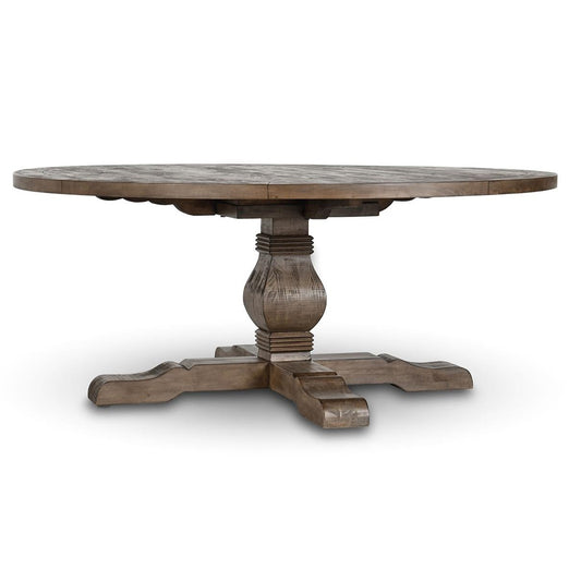 Rustic wooden round table with a pedestal base.